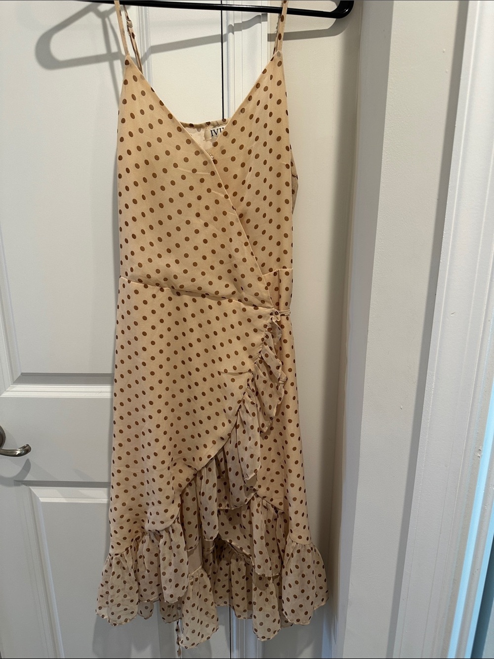 ViVI Beige with Brown Polka Dot Ruffle Wrap Midi Dress